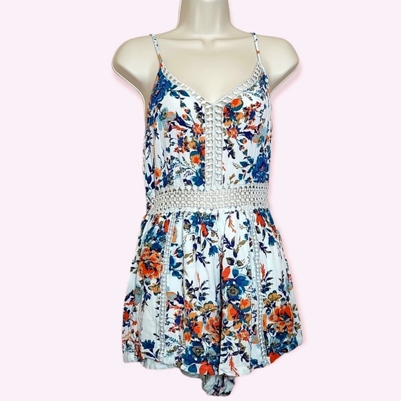 Angie Pants - Colorful Flower Detail Crochet Eyelet Lace Cutout Detail Festival Romper Small